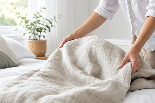 Pese pellavapäiväpeitto hellävaraisesti oikein